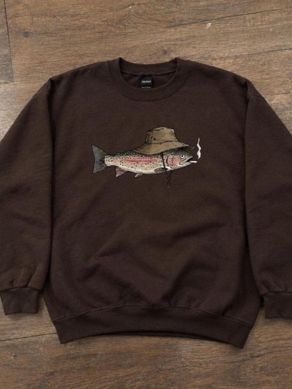 Gildan Dark Chocolate Smoking Fish Crewneck Graphic Sweatshirt